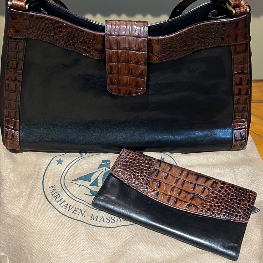 Brahmin Black and Brown Croc-Embossed Bag Set